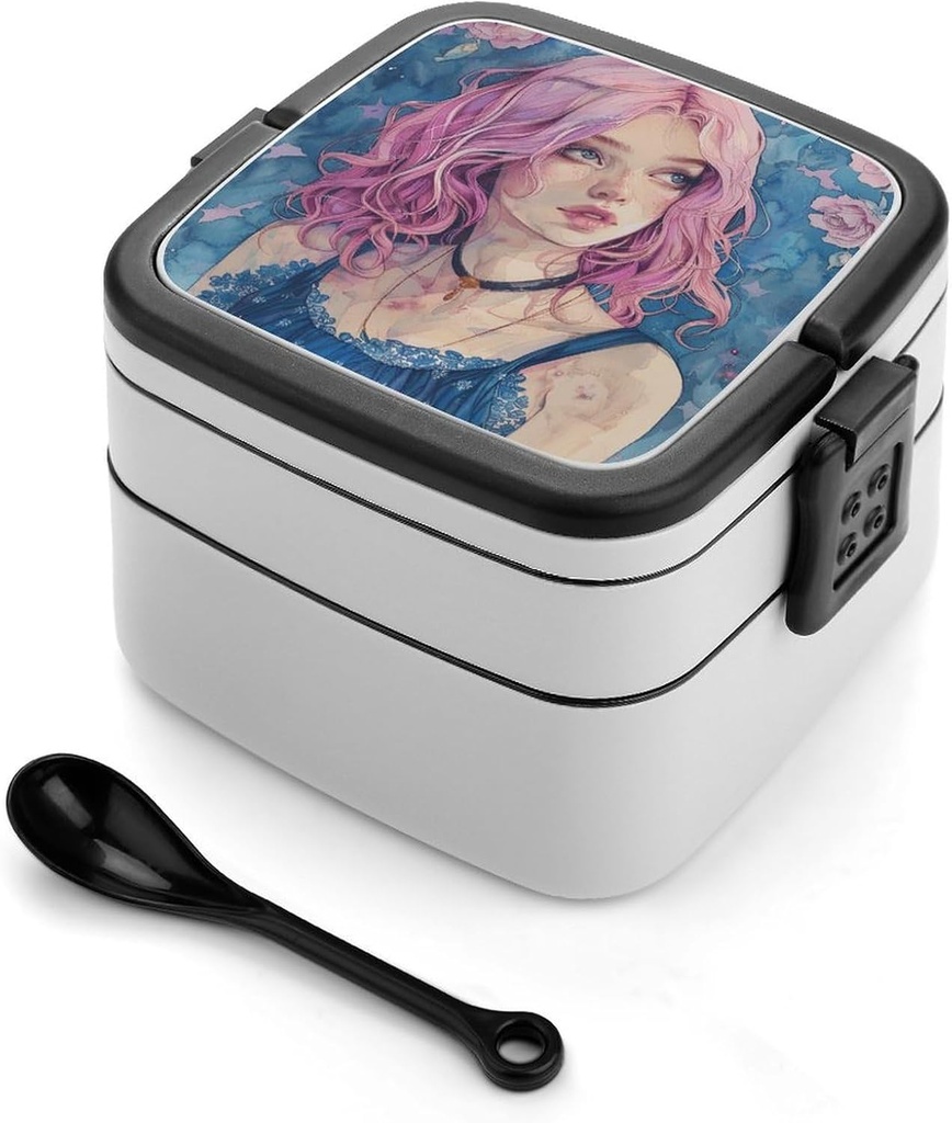 Peach Hair Woman Bento Box with Compartments Double Layer Bento Lunch Box with Spoon And Handle All-in-One Adult Lunchbox Leakproof Lunch Container for Work Picnic Travel