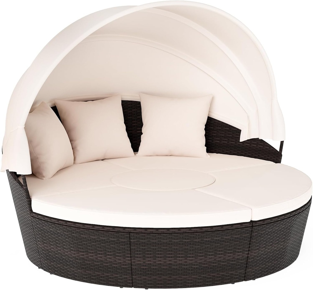 Tangkula Patio Round Daybed with Retractable Canopy, PE Rattan Cushioned Sectional Seating with Center Table, Sofas, Couch & Throw Pillows, Outdoor Sunbed for Backyard, Porch, Garden (Off White)