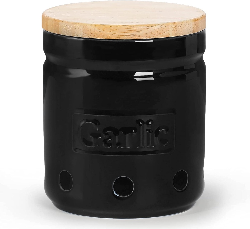 ONTUBE Garlic Keeper with Wooden Lid, 4.5-Inch Ceramic Garlic Holder Storage, Garlic Container for Kitchen, Garlic Saver to Keep Your Garlic Cloves Fresh Longe 24 oz, Black