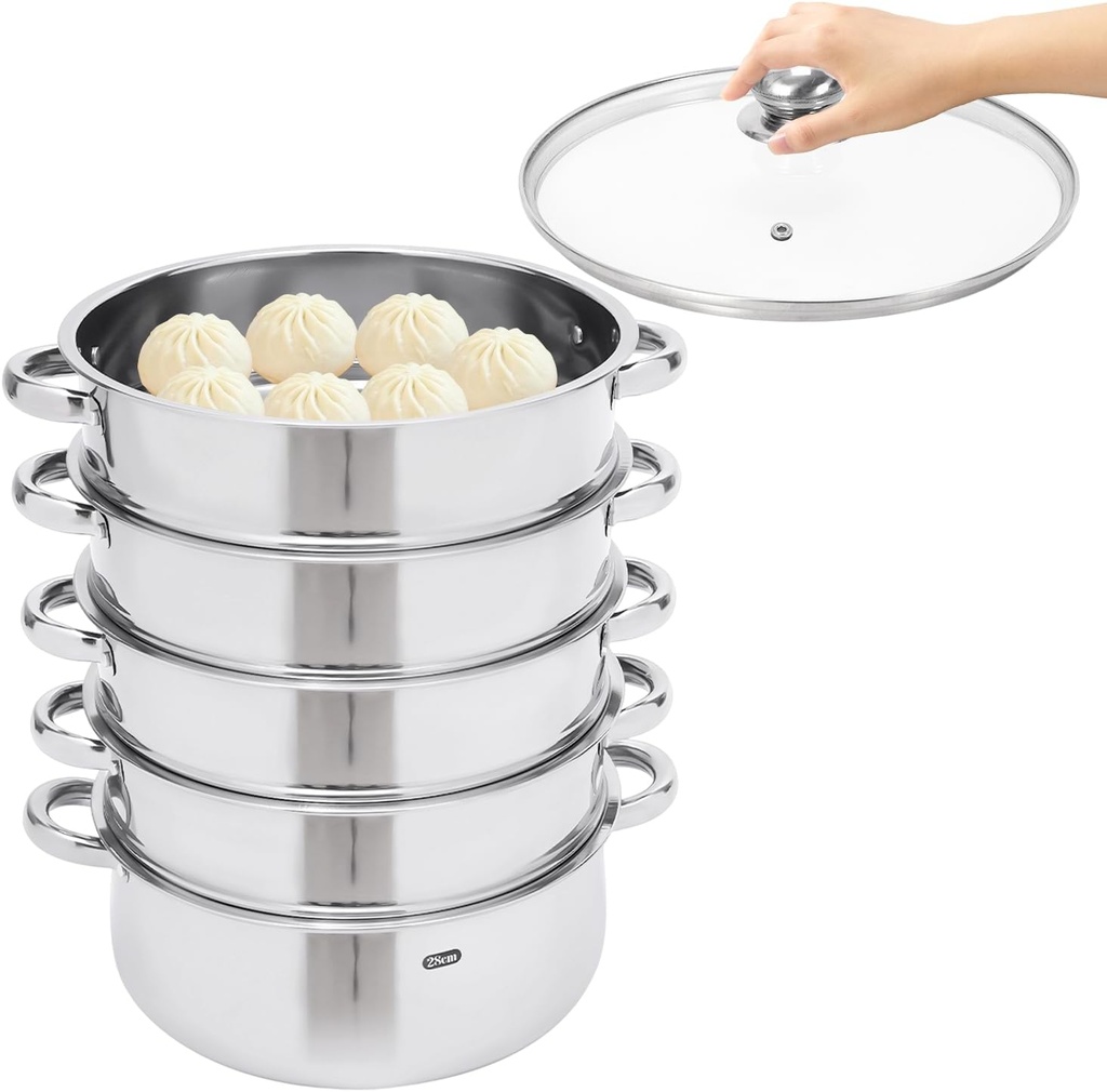 5 Tier Food Steamers for Cooking, Steamer Pot Steaming Cookware with Transparent Lid, Stainless Steel Steamer Pot for Veggies Seafood Noodles