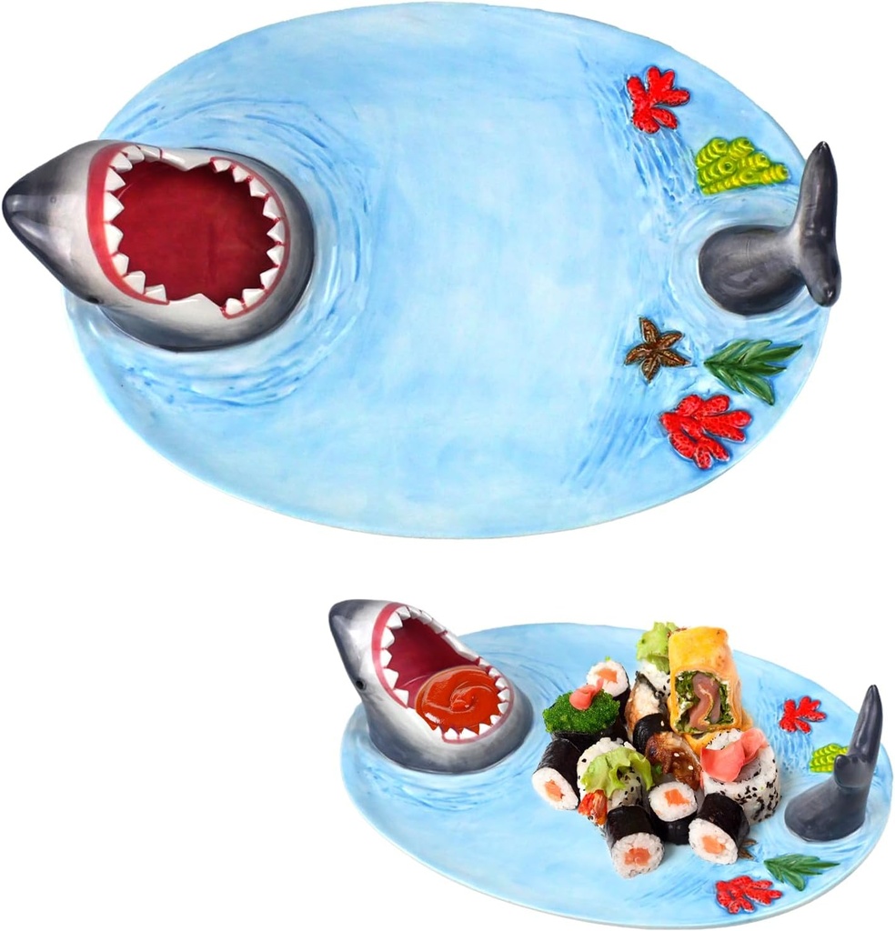 Djungelskog Shark Sushi Plate - Hand-Painted Ceramic - Lead-Free - Food-Safe Materials - Secure and Sturdy - Microwave/Oven/Freezer/Dishwasher Safe - Ideal Gift for Sushi Enthusiast (Round)