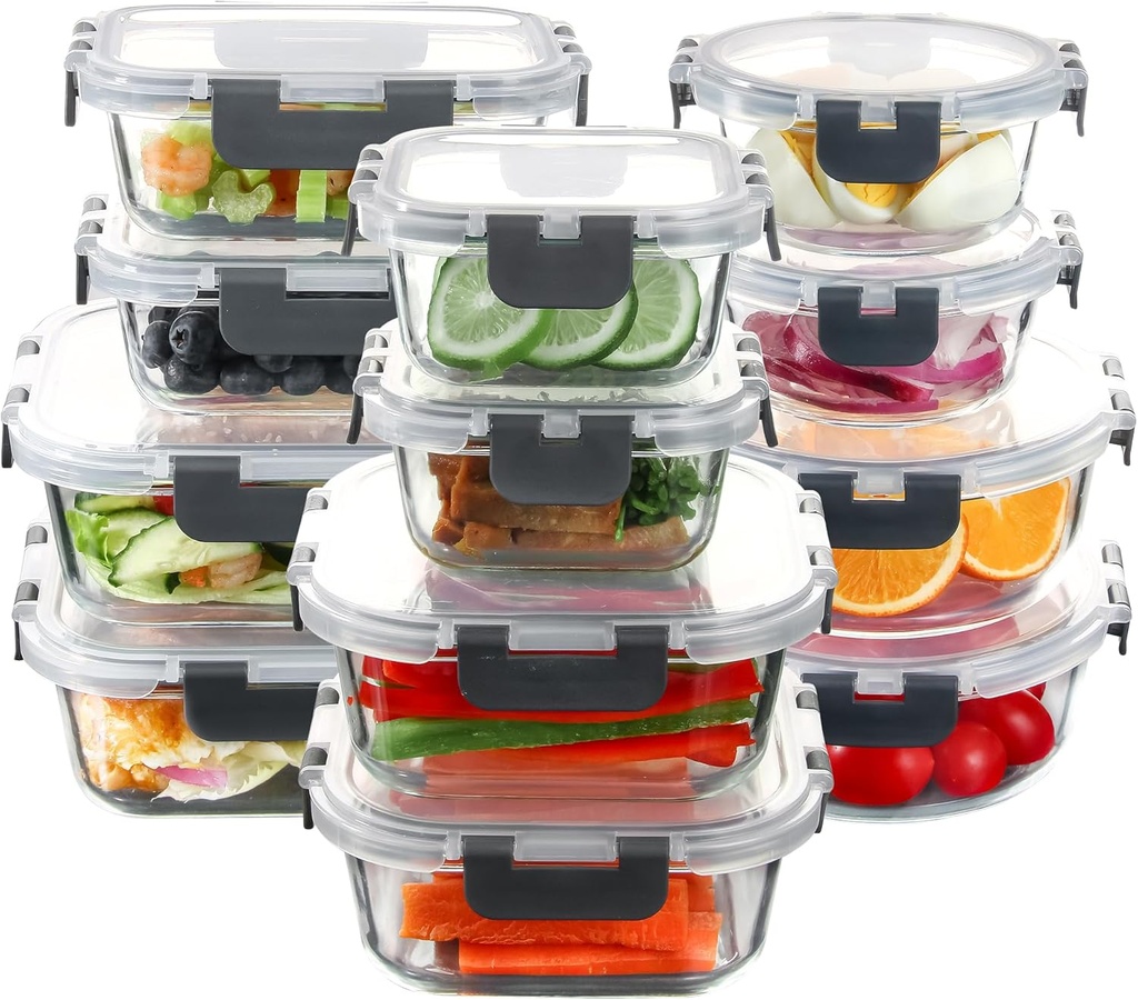 C CREST Food Storage Glass Containers Set of 12 with Locking Lids, Multi-Size, Airtight Seal for Freshness, Perfect for Meal Prep and Storage
