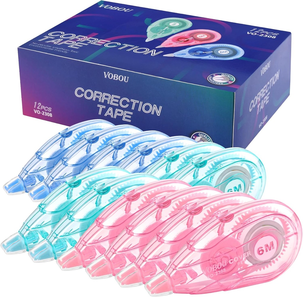 White Correction Tape Dispenser, Easy To Use Applicator for Instant Corrections, For school, Office (Blue,Green,Pink, 12pack, 6M/256, Tape Width 0.2in)