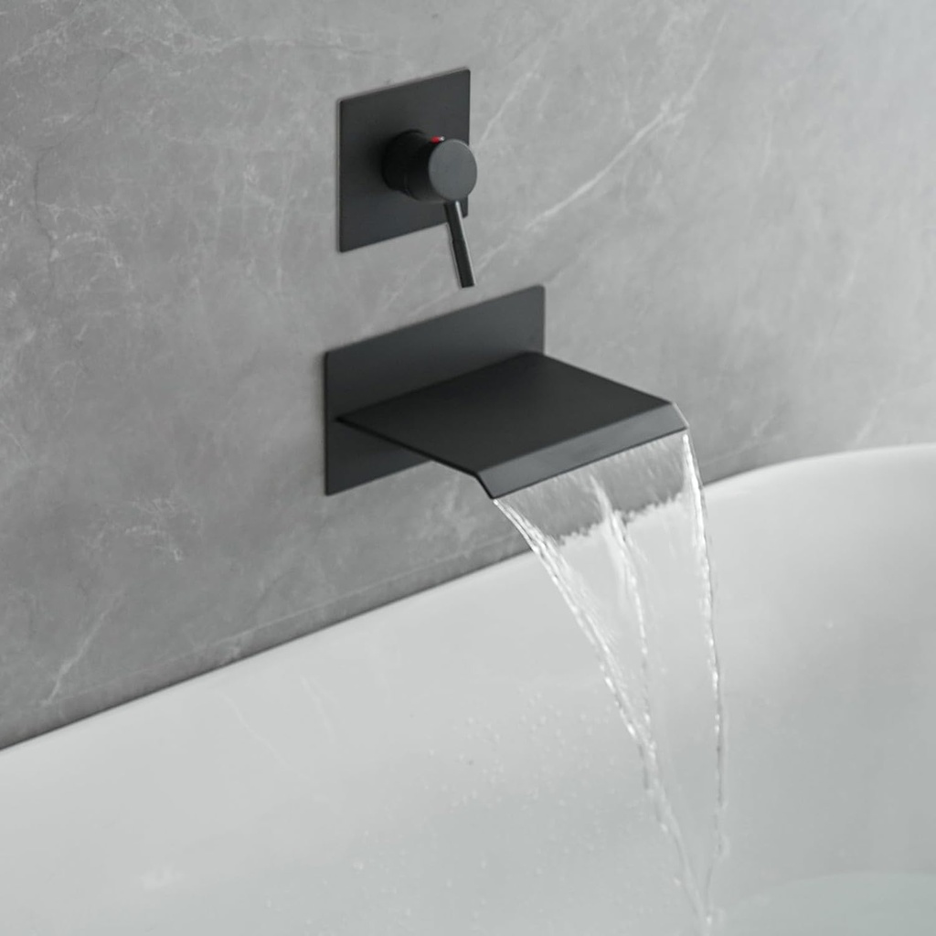 Black Wall Mount Bathtub Faucet Bathroom Tub Filler High Flow Single Handle Shower Faucets Waterfall Tub Spout Rough in Valve Bathroom Sink Faucet Matte Black