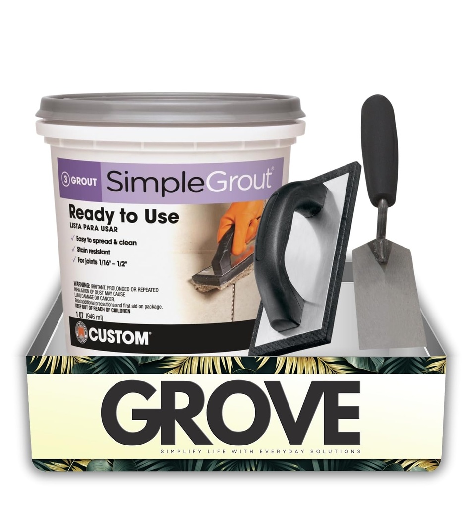 Custom Building Products SimpleGrout Indoor Natural Gray Grout 1 qt Bundle with Grout Float & Margin Trowel – Premixed Sanded for Tile Installation and Repair – Gift Set (3 Items)