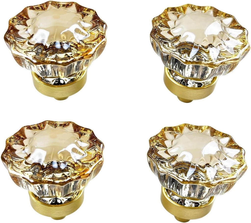 Crystal Cabinet Knobs Gold Drawer Knob Handles Decorative Glass Cupboard Pulls Champagne Color Home Kitchen Decor Flower Shape 4 Pack