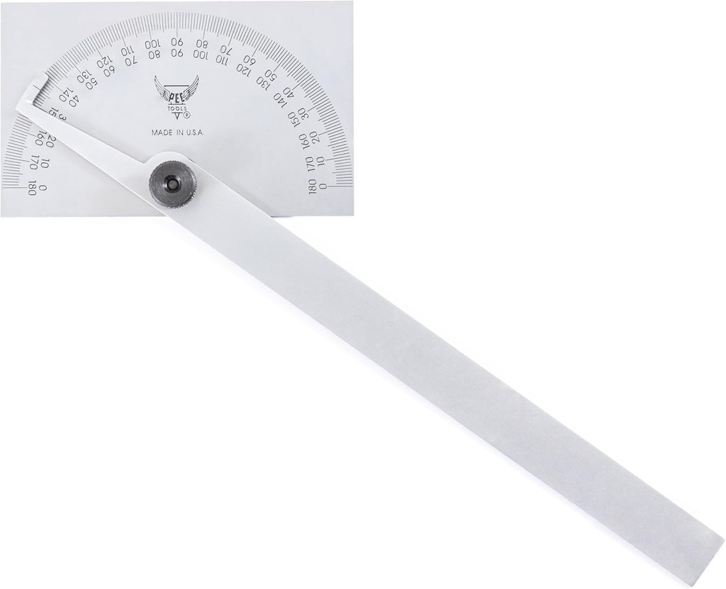 PEC Tools Stainless Steel Rectangle Head Protractor, 0-180°, 6-Inch Adjustable Arm, Knurled Thumb Nut Lock for Woodworkers, Machinists, and more, Made in USA