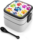 Colorful Dog Paw Print Bento Box Double-Layer Bento Lunch Container with Spoon And Invisible Handle Adult Leak-Proof Lunchbox for Dining Out Work Picnics Travel