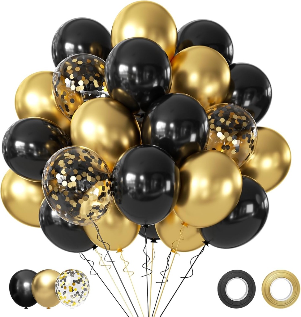 Black and Metallic Gold Balloons, 50PCS 12 Inch Black and Gold Confetti Balloon Party Decorations for Birthday,Graduation,New Years,Wedding,Engagement Party Decorations