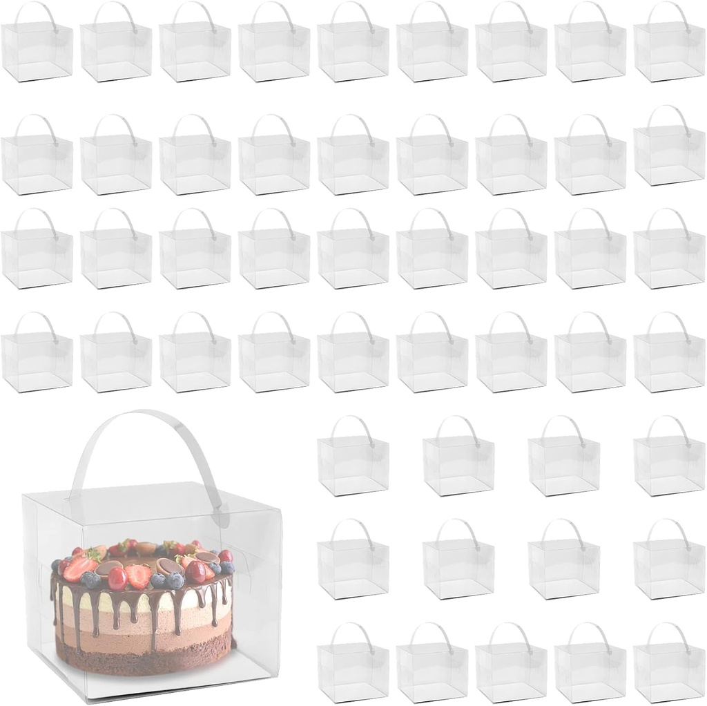 KEILEOHO 50 PCS 5 x 5 x 4 Inch Transparent Bakery Boxes, Clear Cake Box, Plastic Cake Carrier with Lid and Handle Transparent Gift Favor Box Cupcake Treat Boxes for Party, Wedding