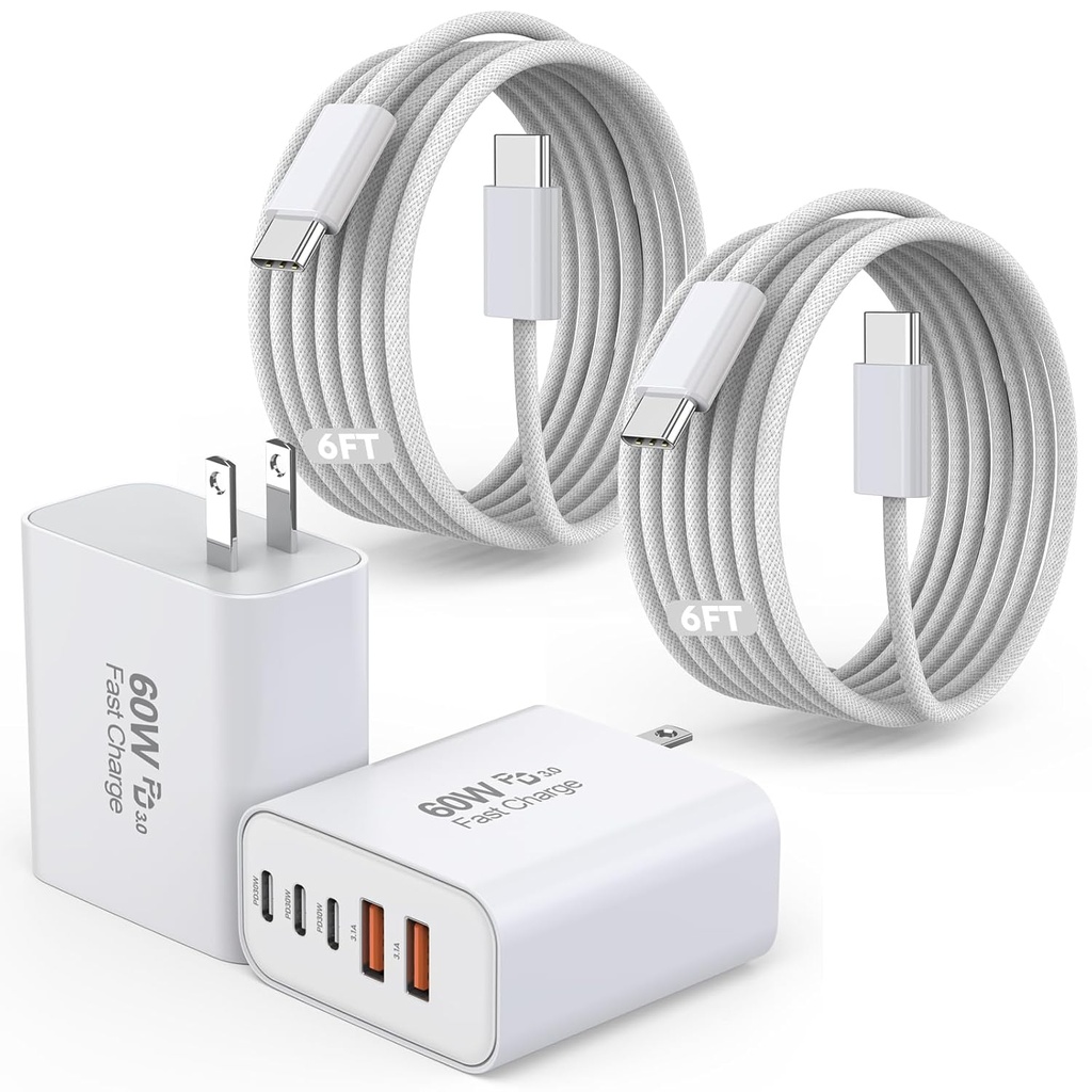 iPhone 17/16 Fast Charger Block,2 Pack 60W USB Charging Block 5-Port Charge Adapter for Apple iPhone Charger with 6FT USB C Woven Fast Charging Cable for iPhone17/16e/16Pro/15ProMax, iPad Pro/Air/Mini