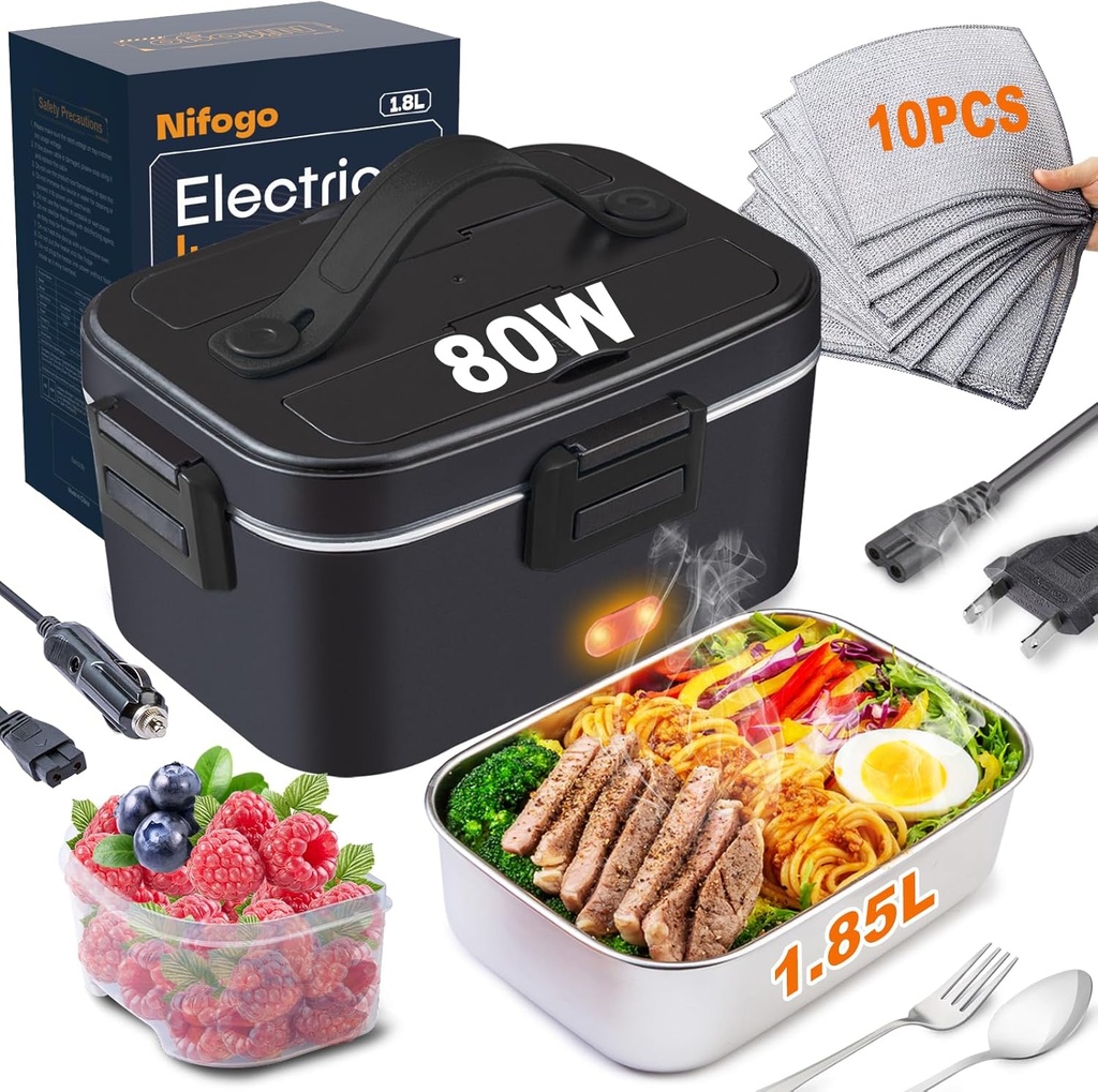 Electric Lunch Box 80W Heated Lunch Box for Men 1.85L Stainless Steel Portable Food Warmer for Car Truck Work, 12/24/110V Heatable Lunchbox Loncheras para Hombres de Trabajo with Wire Rag(Black)