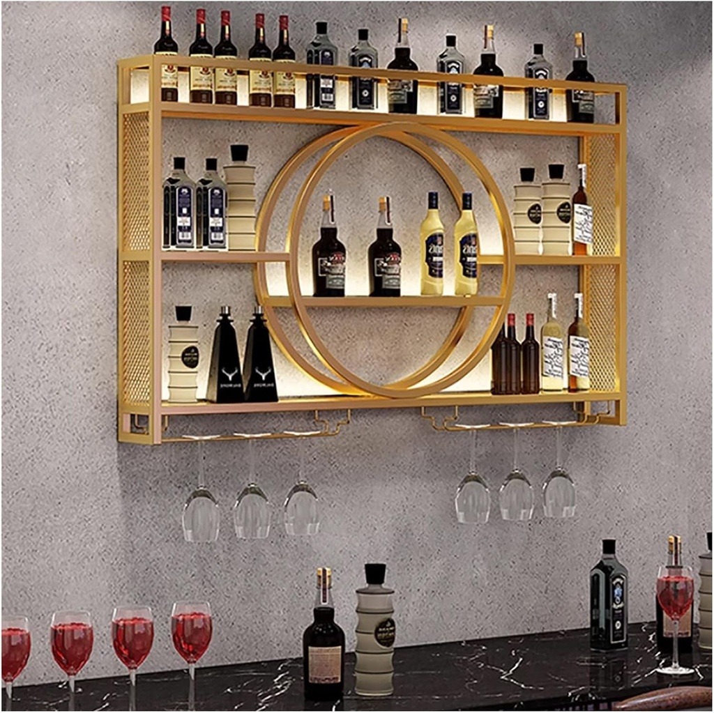 Wall-Mounted Wine Rack With Wine Glass Holder,LED-Lit Shelves For Wine Storage,Liquor Shelf,Wine Glasses & Bottle Display,Strong Iron Metal Stand In Gold/Black,For Kitchen Bar Cellar Home Decor