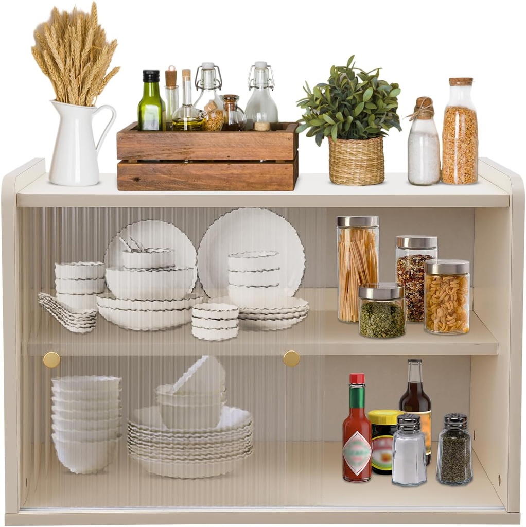 Bread Box for Kitchen Counter, Large Capacity Bread Storage Bin with Sliding Acrylic Wavy Door Panel, Countertop Storage Cabinet for Dish, Bowl, Bread