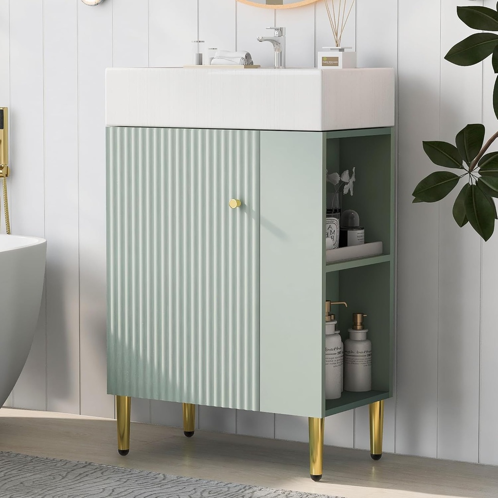 Small Bathroom Vanity with Single Ceramic Sink Narrow Depth Bathroom Vanity Cabinet Combo Sink Vanity with Side Storage Easy Assmebly (Freestanding, Right Side Storage, Green)