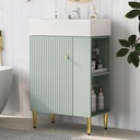 Small Bathroom Vanity with Single Ceramic Sink Narrow Depth Bathroom Vanity Cabinet Combo Sink Vanity with Side Storage Easy Assmebly (Freestanding, Right Side Storage, Green)