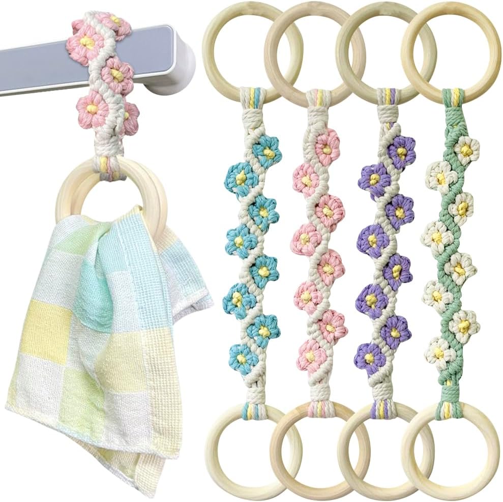 4 Pcs Daisy Flower Macrame Towel Holder Ring, Crochet Hanging Kitchen Dish Towel Holder, Handmade Kitchen Towel Hanger with Wood Hanging Loop for House Oven Stove Door