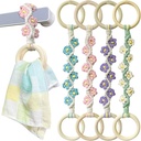 4 Pcs Daisy Flower Macrame Towel Holder Ring, Crochet Hanging Kitchen Dish Towel Holder, Handmade Kitchen Towel Hanger with Wood Hanging Loop for House Oven Stove Door