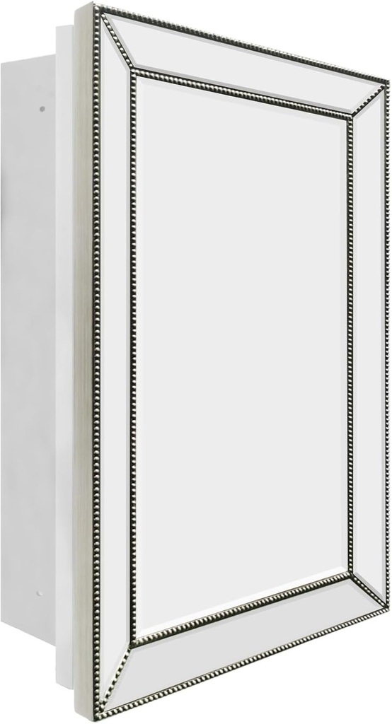 20x32 Inch Bathroom Medicine Cabinet with Retro Bevel Mirror, Silver Metro Beaded Wooden Frame, Recessed or Surface Mount, Space-Saving Storage Cabinet