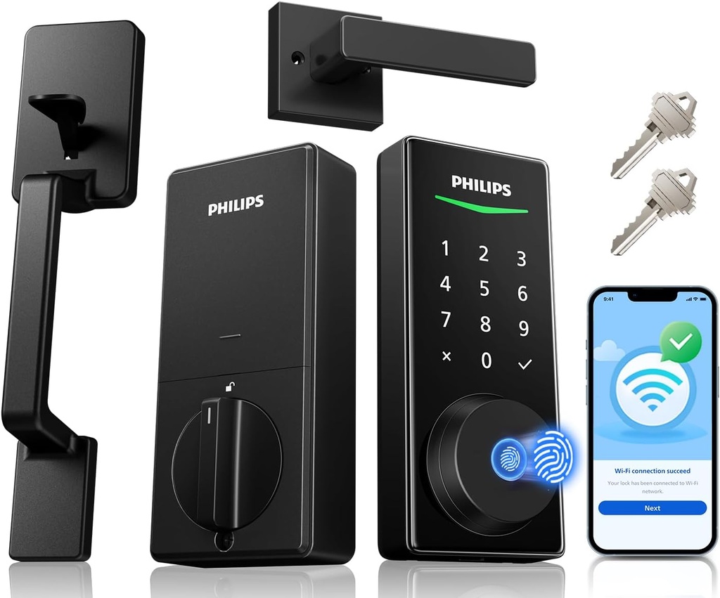 Philips WiFi Smart Keyless Entry Door Lock Deadbolt With Handle Set, Built-in WiFi, App Remote & Voice Control, Fingerprint Smart Lock For Front Door, Touchscreen Keypad Front Door Lock Set, Auto Lock