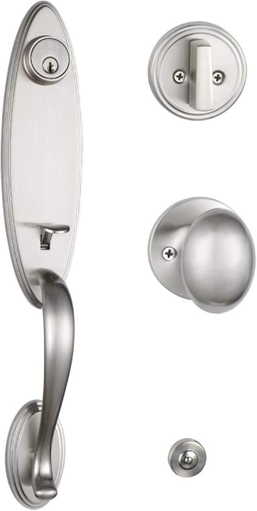 NB_Hardware Single Cylinder Satin Nickel Front Door Handleset Knob Handleset with Polo Door Knob Exterior Door Handle Set with G-Grip - Reversible Right & Left Hand2006SN (Keyed Lockset)