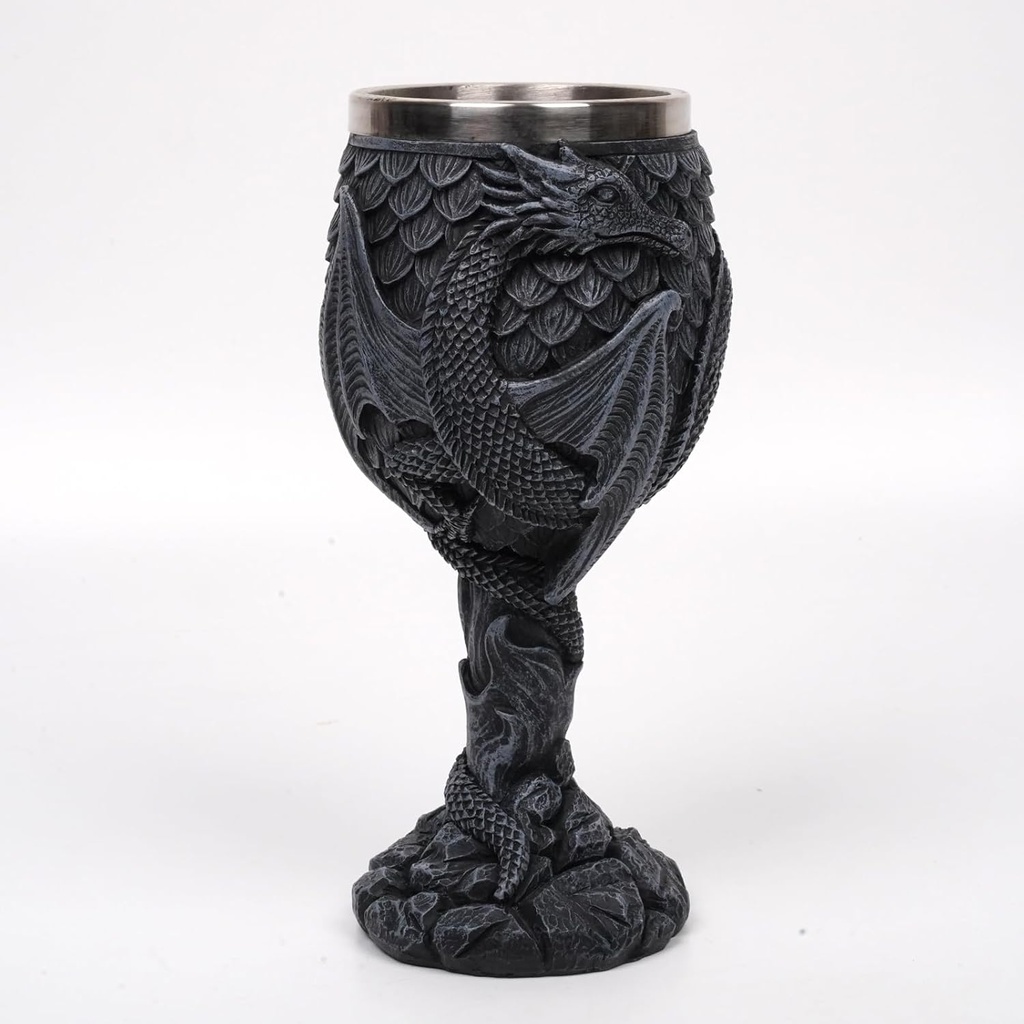 Medieval Dragon Goblet with Stainless Steel Chalice Gothic Chalice Dark Gray Resin Dragon Design Fantasy Collectible Wine Glasses (Black)