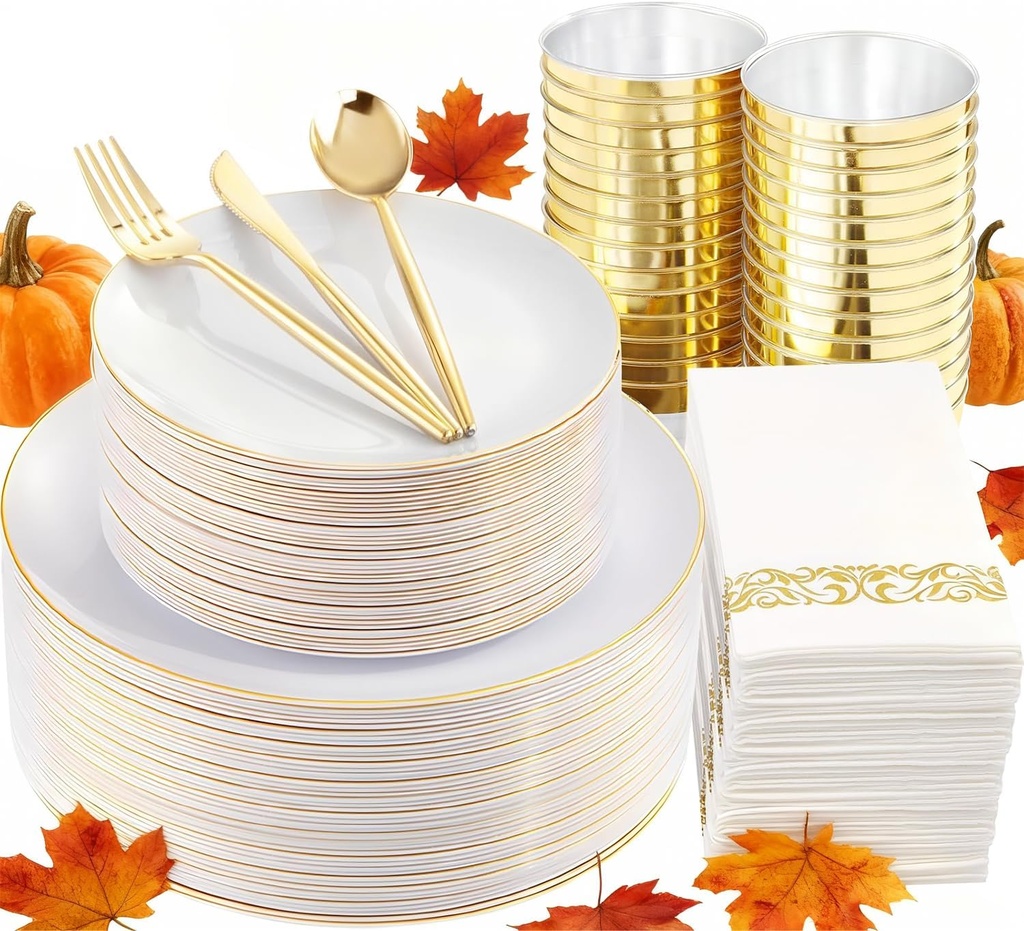 MirthMood 210Pcs Gold Dinnerware Sets, Gold and White Plastic Party Plates, Includes:30 Dinner Plates, 30 Dessert Plates, 30 Paper Towels with 90 Silverware & 30 9oz Cups