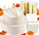MirthMood 210Pcs Gold Dinnerware Sets, Gold and White Plastic Party Plates, Includes:30 Dinner Plates, 30 Dessert Plates, 30 Paper Towels with 90 Silverware & 30 9oz Cups