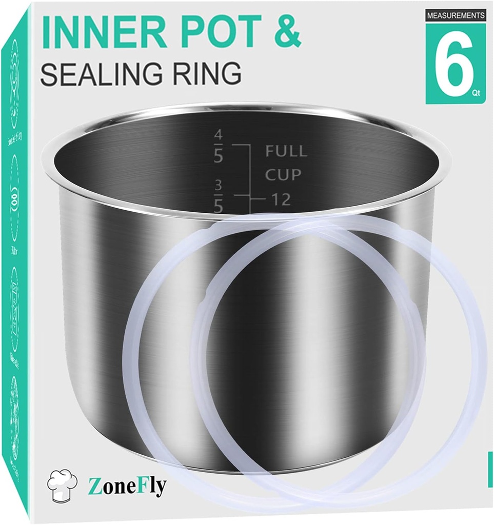 Inner Pot for Instant Pot 6 Qt, with 2-Pack 100% Silicone Sealing Ring Replacement Pot for InstaPot Cooking Pot Stainless Steel (Equivalent to IP-POT-SS304-60) Nonstick Pot 6Qt Liner
