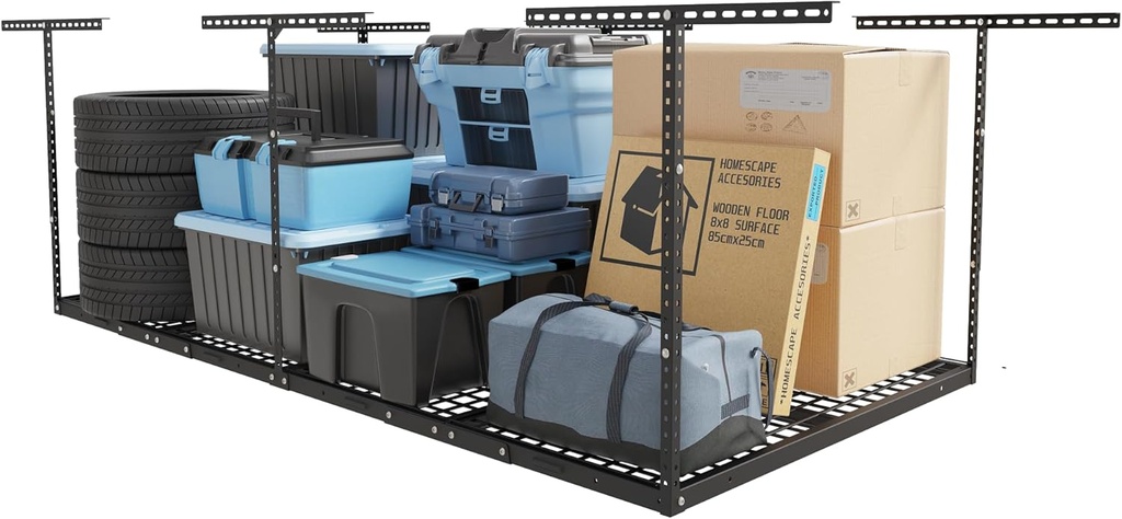 FLEXIMOUNTS 4x8 Overhead Garage Storage Rack, Adjustable Organization System, Heavy-Duty Metal Ceiling Racks, 750lbs Weight Capacity, Black