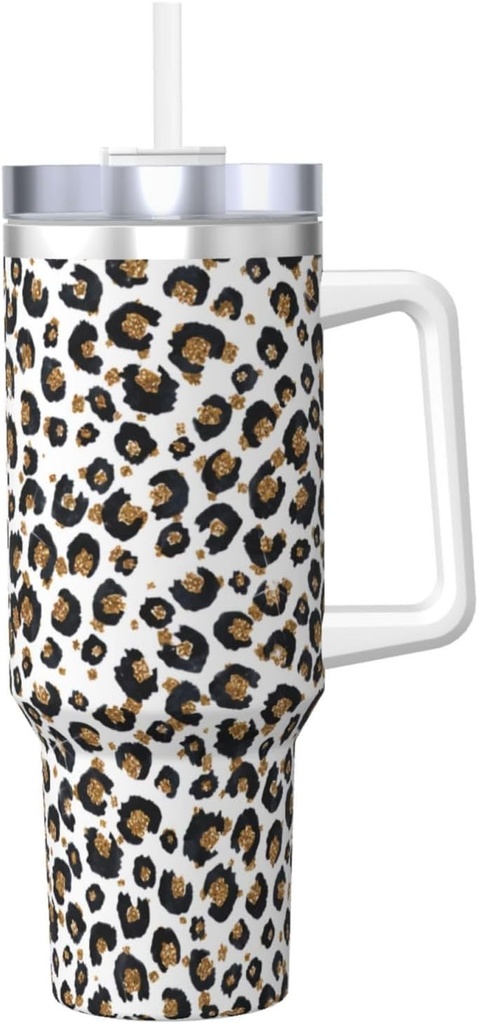 Gold Glitter Black Leopard Animal Print 40 Oz Tumbler With Handle And Straw Lid, Insulated Reusable Stainless Steel Travel Mug Iced Tea Or Coffee, Smoothie And More
