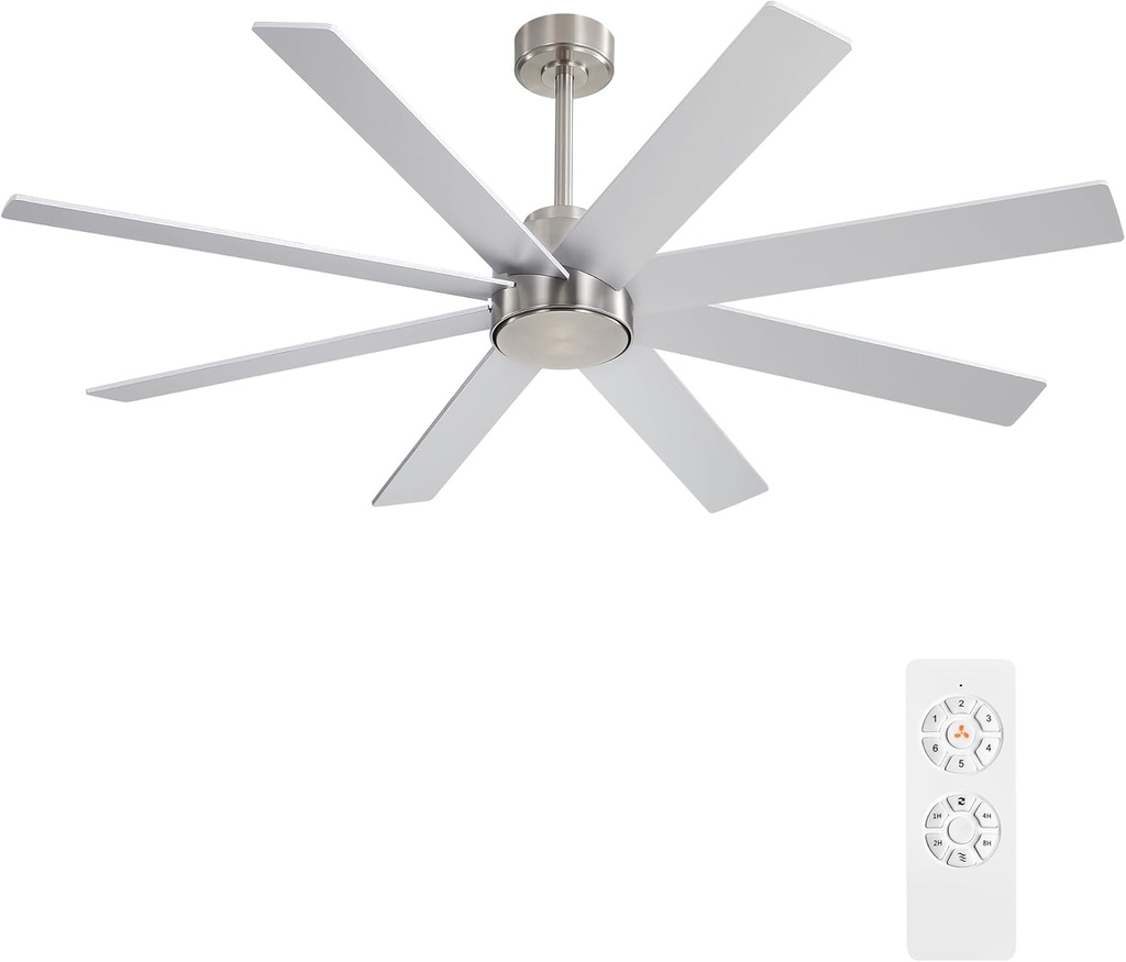 WINGBO 72" Large DC Ceiling Fans without Lights, 3 Downrods, 8 Plywood Blades, 6-Speeds Reversible DC Motor, Indoor Ceiling Fan No Lights for Bedroom Living Room Patio, Brushed Nickel and Silver