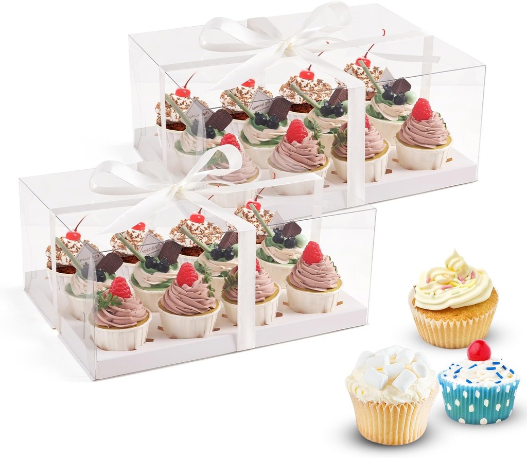 6Pcs Clear Cupcake Boxes,12 Count Cupcake Containers with Gift Ribbon,Plastic Cupcake Carrier Holder for Dessert Cookies Muffins Pastry (White/Clear, 12 Count/6pcs)