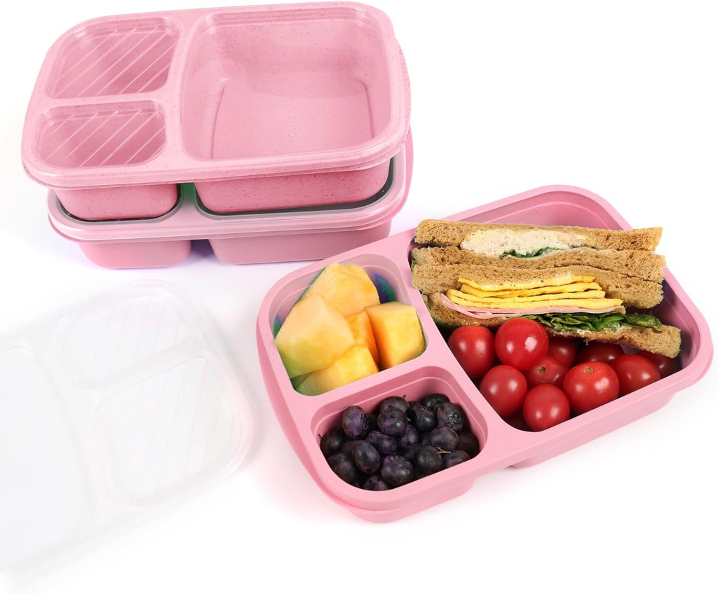 Bento box, 3 snack containers with 3 compartments, reusable meal preparation containers, lightweight lunch containers for children and adults, Stackable, Work, and Travel(Wheat(Pink))