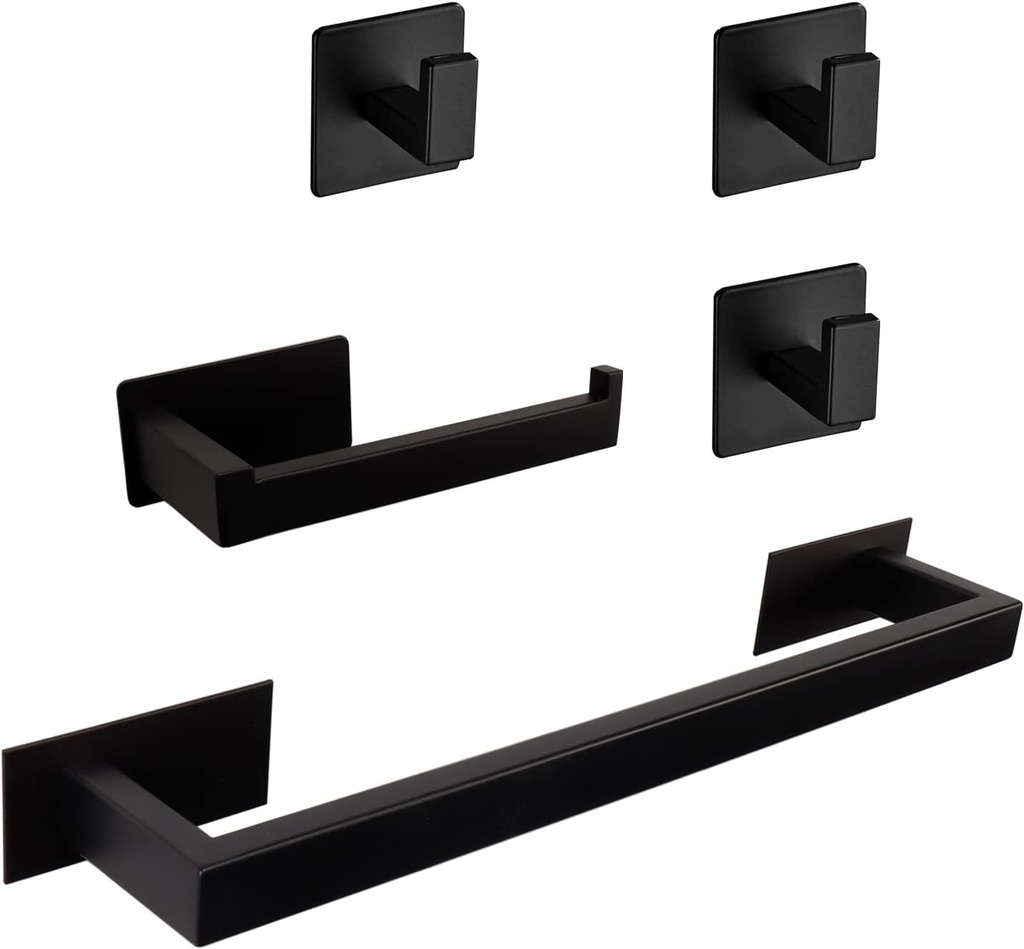 [BRSROYABAAJRSADK] 5 Pieces Self Adhesive Bathroom Hardware Set-SUS304 Stainless Steel-Towel Rack Set Include 16″Towel Bar+Toilet Paper Holder+3 Towel/Robe Hooks Bathroom Accessory (Matte Black, 16 in)