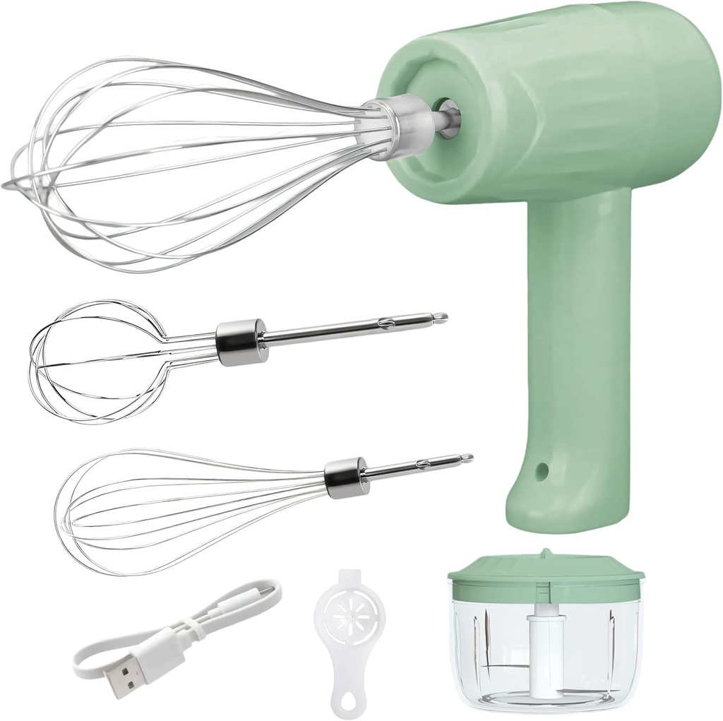 USB Rechargeable Electric Mixer and Egg Beater, Features Egg White Separator and Three Multi-Function Mixing Attachments (Green)