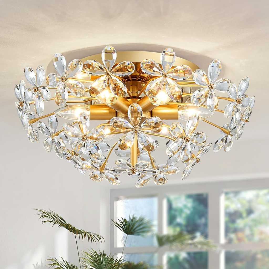 Modern Crystal Chandeliers, Close to Ceiling Chic Style Light Fixture for Living Room, Bedroom, Dining Room, D18 in x H8 in, Clear Flower Crystal & Gold Finish Frame