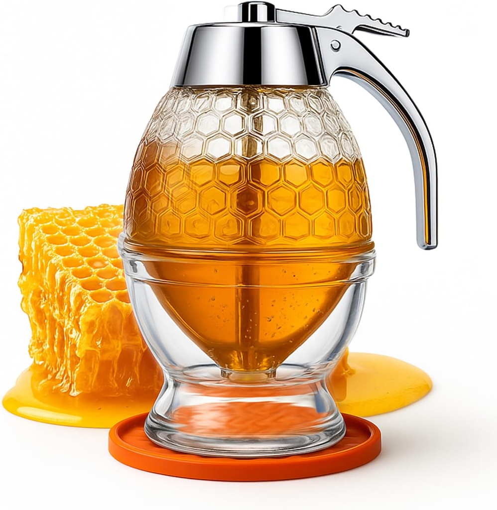 8oz Glass Honey Dispenser with Airtight Lid & Exclusive Silicone Mat – Container for Honey, Syrup & Sauces Bottle | Mess-Free, Easy-Pour Design Jar| Premium Quality Glass Pot | Custom Gift Box