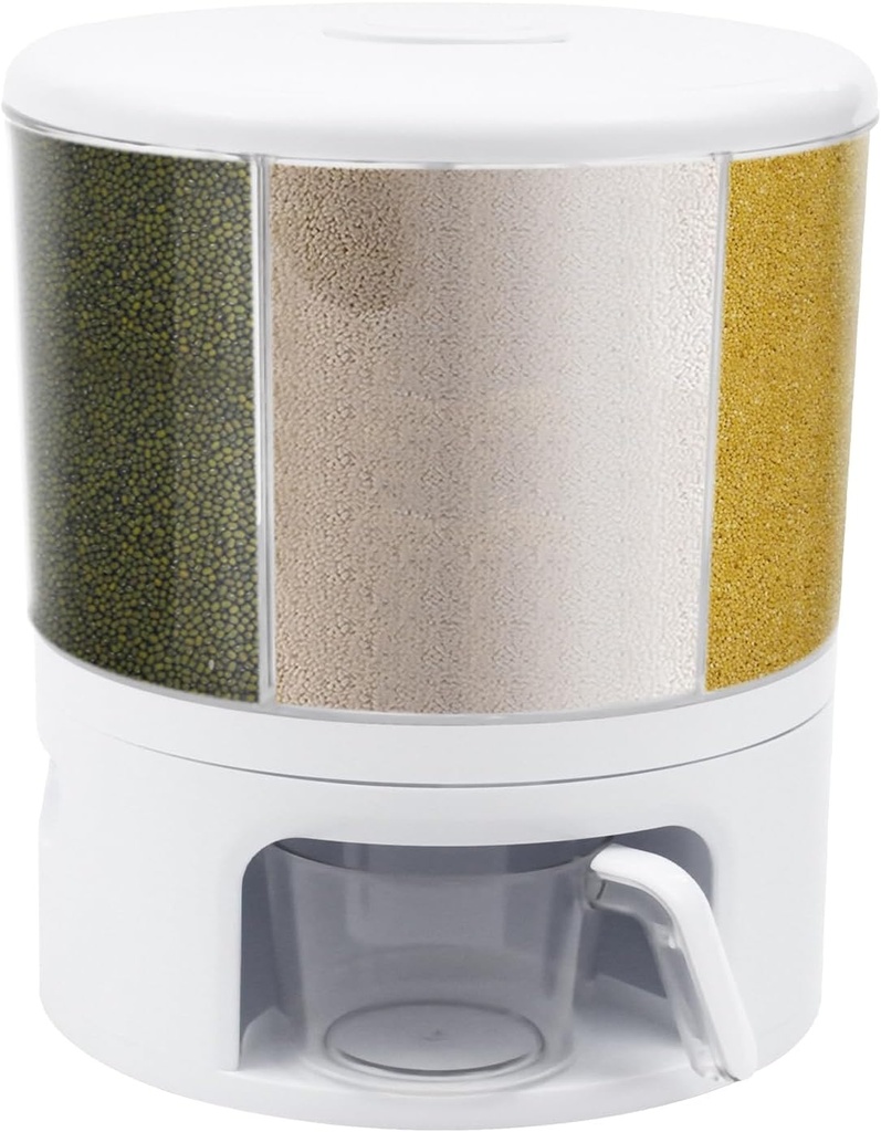 Grain Dispenser, 360°Rotating 6 Grid Food Dispenser, Grain Storage Container, 24LB Rice Output Tank Cup Grain Storage for Small Grains Beans Rice
