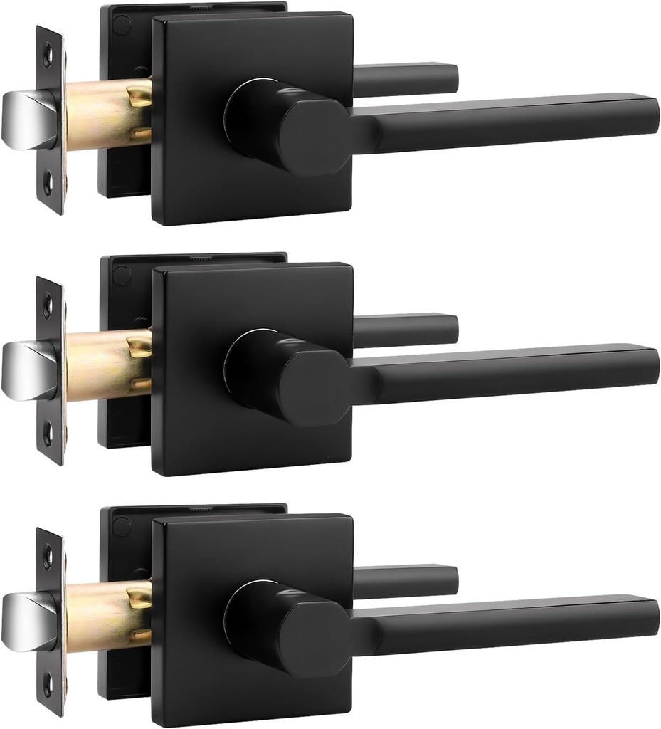 Probrico Square Black Passage Door Handle Interior Heavy Duty Keyless Door Lever Lock for Hallway Closet Slim Door Knobs Lockset, 3 Pack
