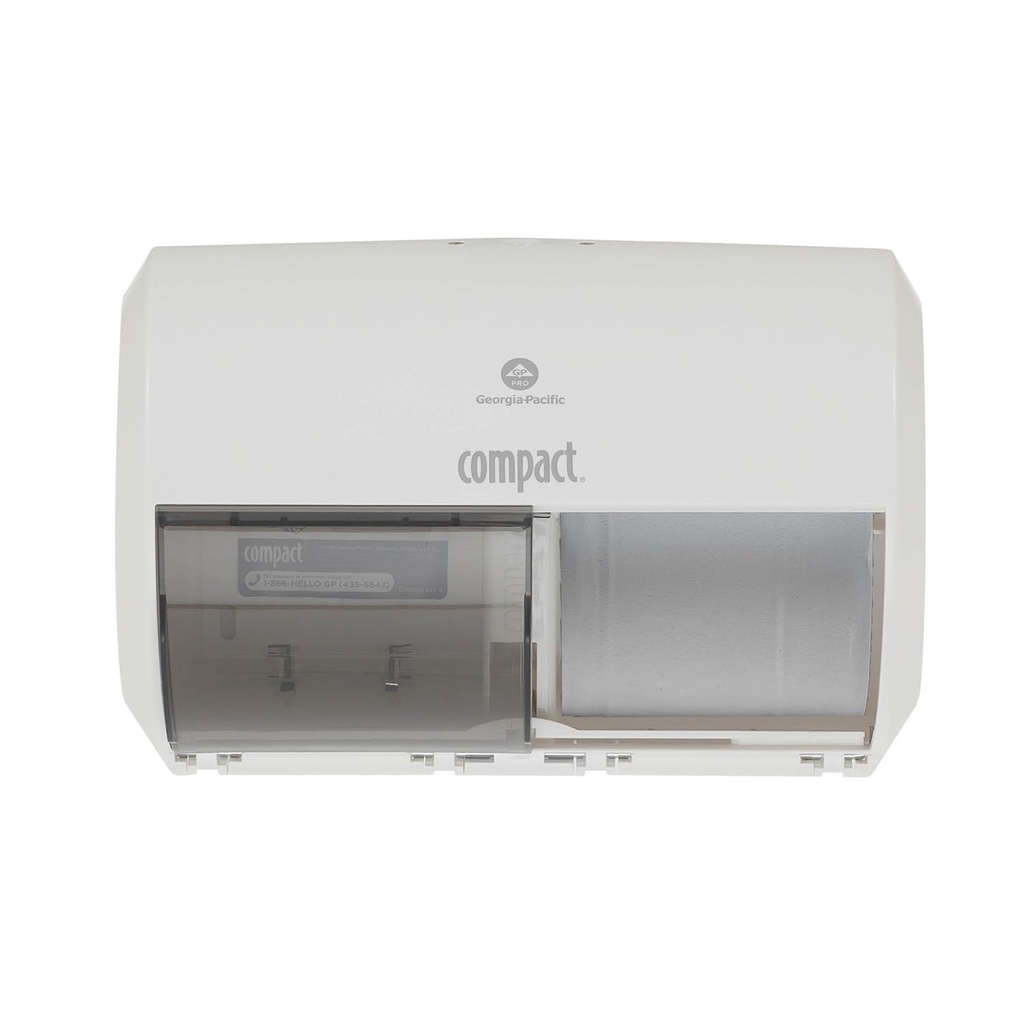 Compact 2-Roll Side-by-Side Coreless High-Capacity Toilet Paper Dispenser by GP PRO (Georgia-Pacific), White, 56797A, 10.120” W x 6.750” D x 7.120” H