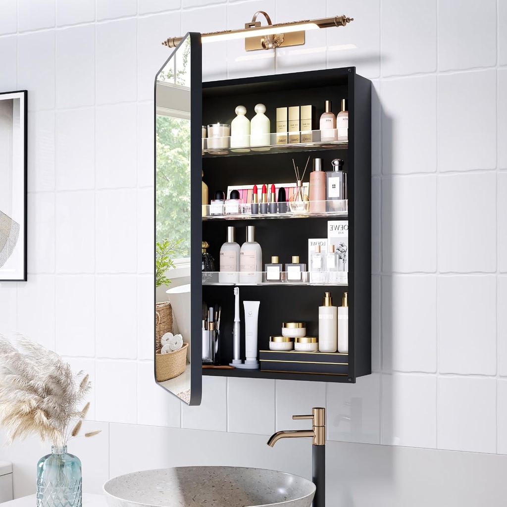 Recessed Medicine Cabinets for Bathroom with Mirror: 20 x 26 inch Small Surface Wall Mount Mirrored Vanity Chest with Storage - Matte Black Modern Frame