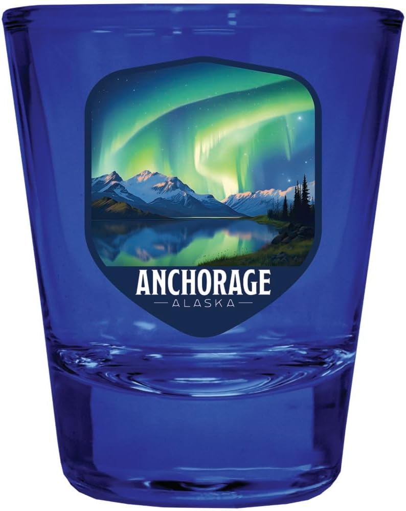 R and R Imports Anchorage Alaska Aurora Borealis Design Souvenir Full Color 2oz Shot Glass Blue 2-Pack