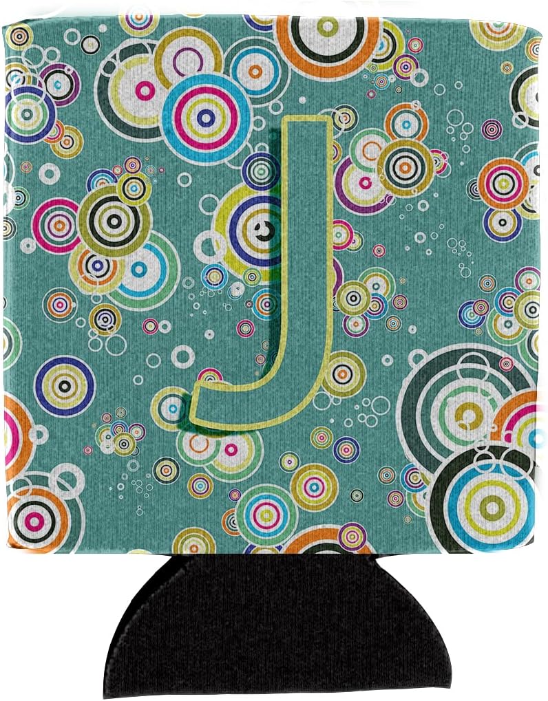 Caroline's Treasures CJ2015-JCC Letter J Circle Circle Teal Initial Alphabet Can or Bottle Hugger Cooler Washable Drink Sleeve Collapsible Beverage Insulated Holder, Can Hugger, Multicolor
