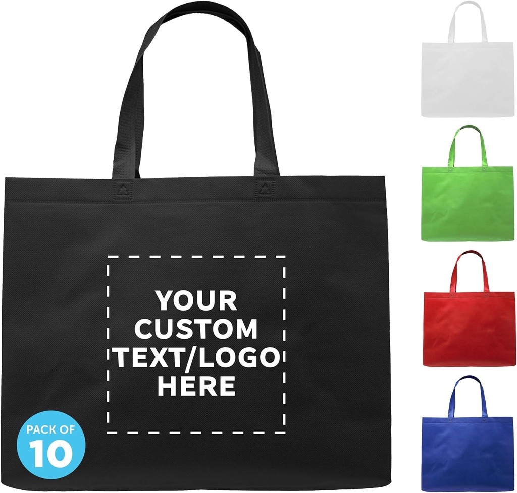 DISCOUNT PROMOS Custom Jumbo Sized Tote Bags Set of 10, Personalized Bulk Pack - Reusable Grocery Bags, Shopping Bags, Promotional Item Totes for Women - Black
