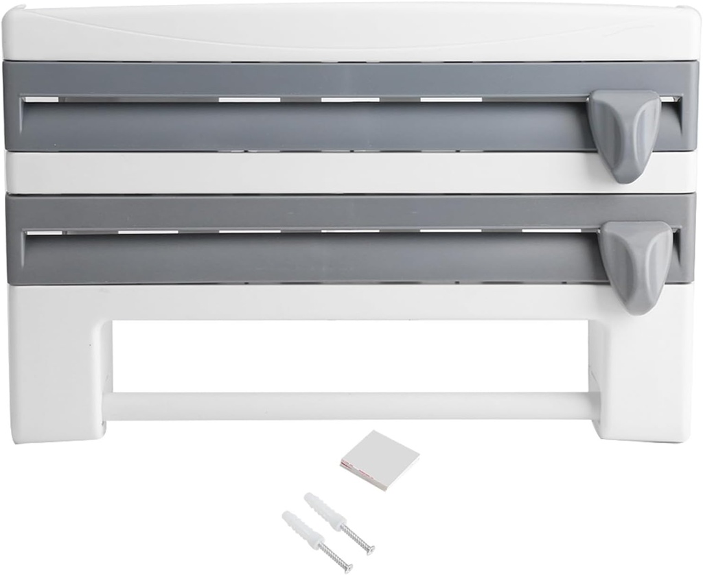 Magnetic Aluminum Foil and Plastic Wrap Organizer,Plastic Wrap Dispenser with Cutter for Refrigerator,4 in 1 Kitchen Cling Film Holder Kitchen Sauce Bottle Storage (Grey)