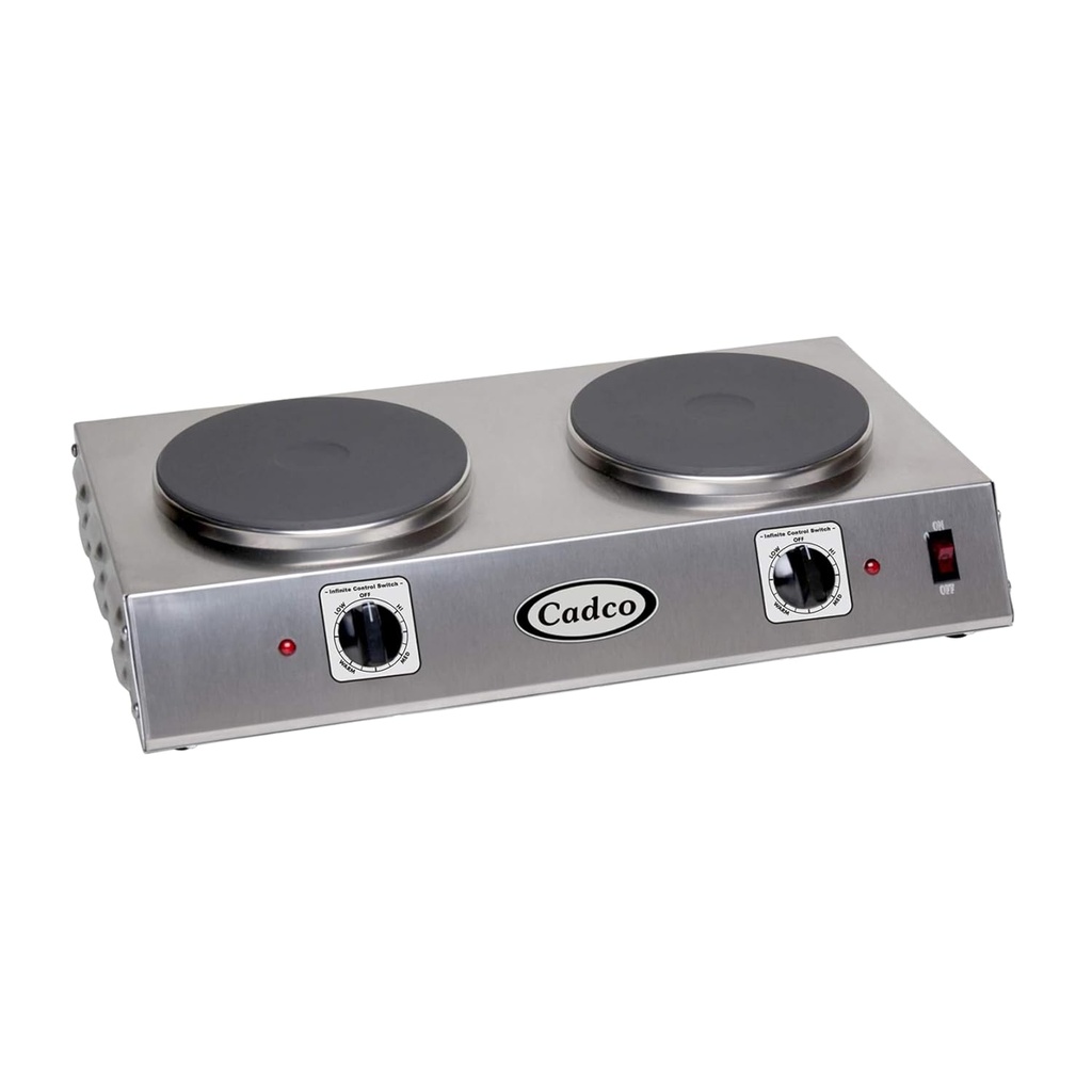 Cadco CDR-2C 21.25" W Double Burner Electric Portable Hot Plate, 120-Volt Infinite Controls, Stainless Steel, 20 lbs, For Commercial Use
