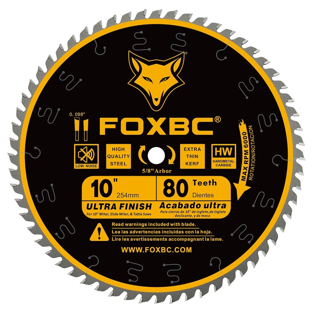 FOXBC 10-Inch Table Saw Blade, 80-Tooth, Ultra Finish Wood Cutting, 5/8-Inch Arbor