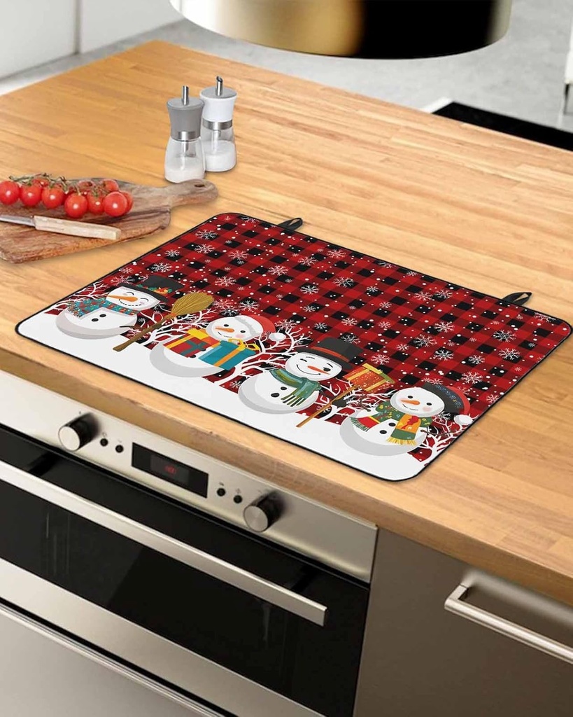 Christmas Countertop Burners Protection Mats for Kitchen, Snowman Christmas Tree Snowflakes Red Plaid Rubber Stove Top Cover Mat, Heat Proof Mats Cooktop Cover for Counter Dish Drying Mat, 31"x24"