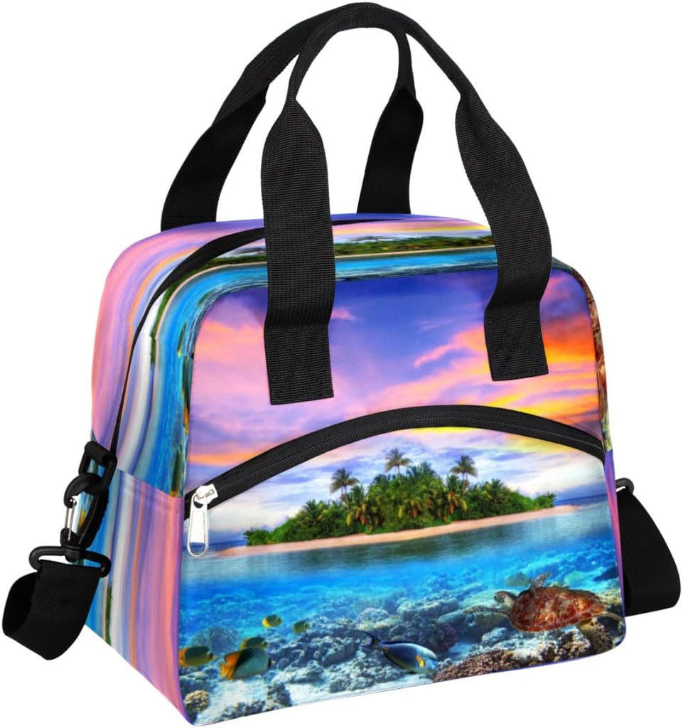 Tropical Island Lunch Bag for Women Men Sea Turtle Reusable Lunch Cooler Box Lunch Tote Thermal Meal Prep Lunch Organizer with Adjustable Shoulder Strap for Adult, Outdoor, Work